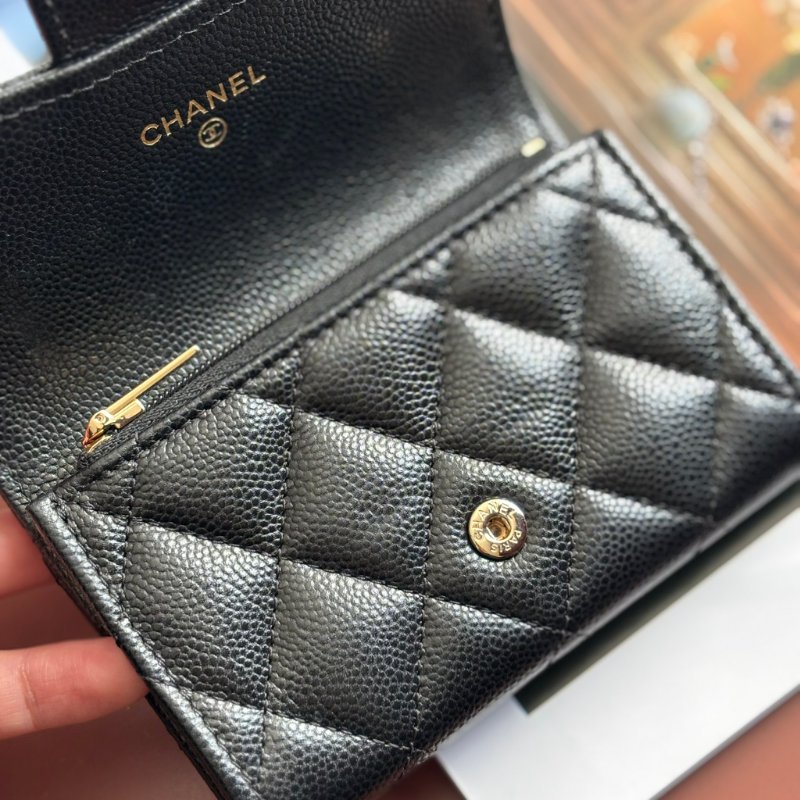 ::CHANEL:: 黑荔枝菱格紋皮革金雙C內拉鍊卡片零錢包-9