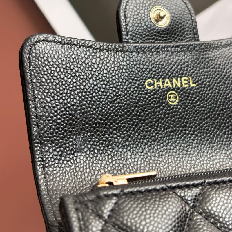 ::CHANEL:: 黑荔枝菱格紋皮革金雙C內拉鍊卡片零錢包-19