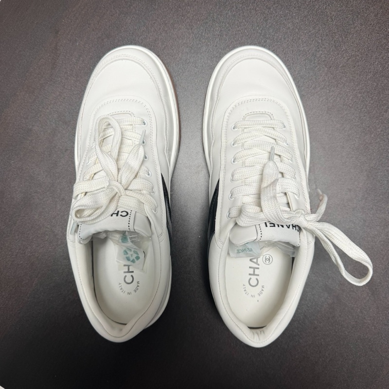 Chanel香奈兒24P大徽標皮革低幫板鞋 白色38碼98新-6