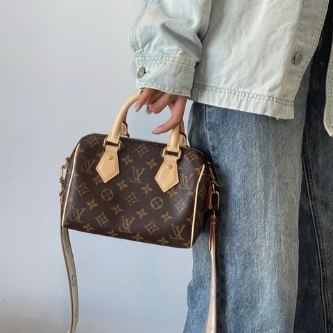 路易威登波士頓20 LV原花奶茶寬背帶Speedy20波士頓包M46222