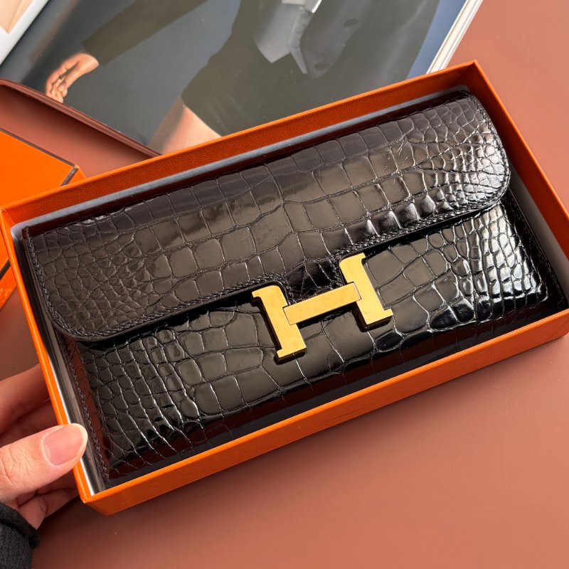 A刻 ::HERMES::  Constance 黑色鱷魚 方塊鱷 長夾 康康長夾-0