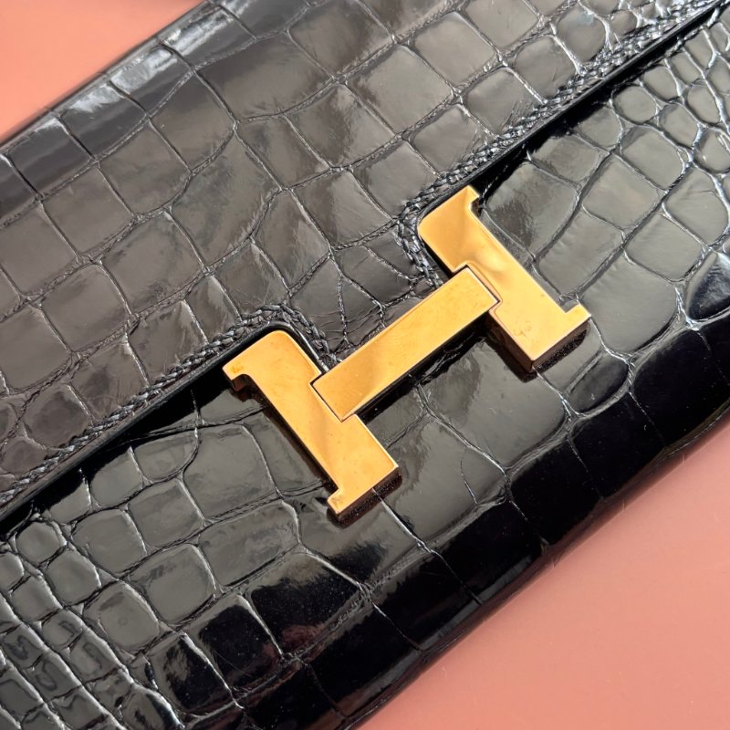 A刻 ::HERMES::  Constance 黑色鱷魚 方塊鱷 長夾 康康長夾-1
