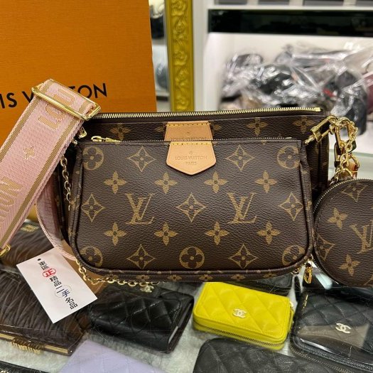 東區正精品㊣LV M44840 老花三合一拼粉色寬背帶斜背包金鍊肩背包圓形零錢包 RZ6191-0