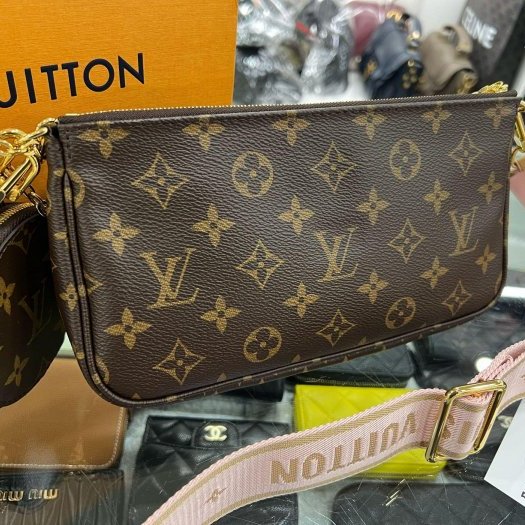 東區正精品㊣LV M44840 老花三合一拼粉色寬背帶斜背包金鍊肩背包圓形零錢包 RZ6191-7