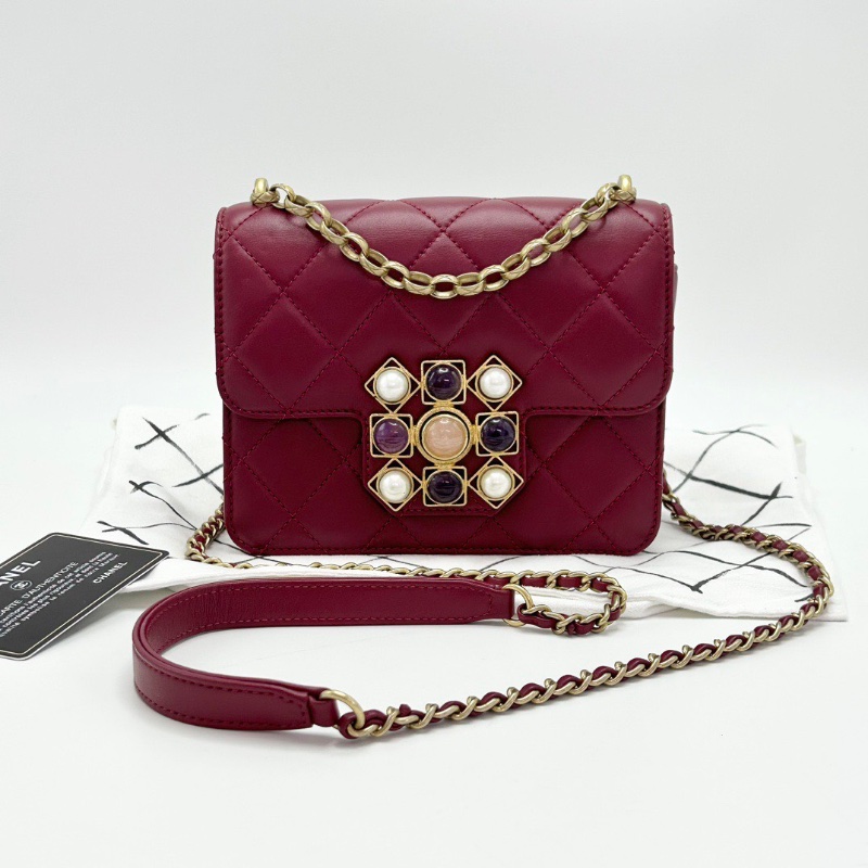 CHANEL 20A紅金巴洛克水鑽珍珠瑪瑙扣肩背斜背小方包 17*13*4 98新配件塵袋保卡-1
