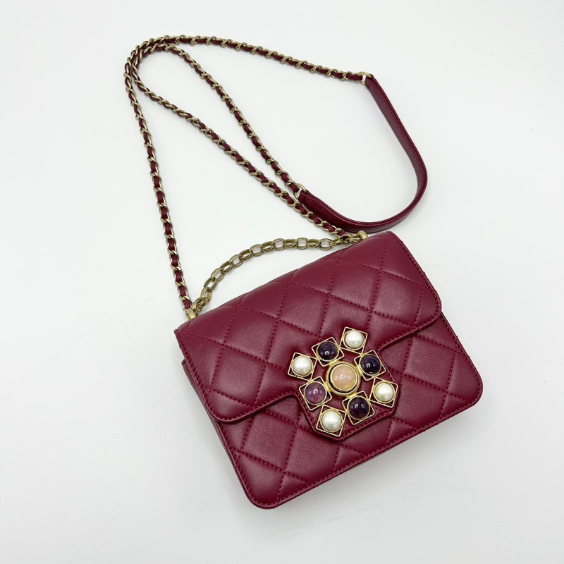 CHANEL 20A紅金巴洛克水鑽珍珠瑪瑙扣肩背斜背小方包 17*13*4 98新配件塵袋保卡-3