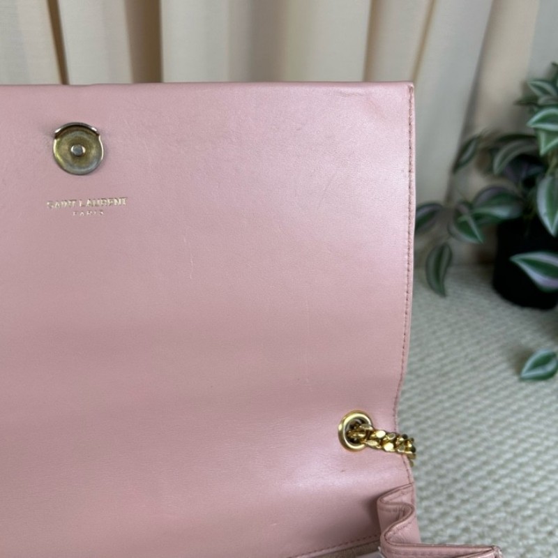 YSL聖羅蘭 Kate粉色鏈條包 粉金配色 光面牛皮 流蘇裝飾 YSL標誌 金色鏈條 可單肩可斜挎 顏色溫柔 日常百搭-23
