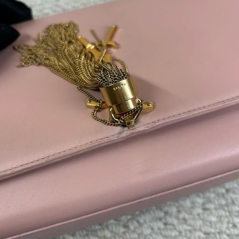 YSL聖羅蘭 Kate粉色鏈條包 粉金配色 光面牛皮 流蘇裝飾 YSL標誌 金色鏈條 可單肩可斜挎 顏色溫柔 日常百搭-26