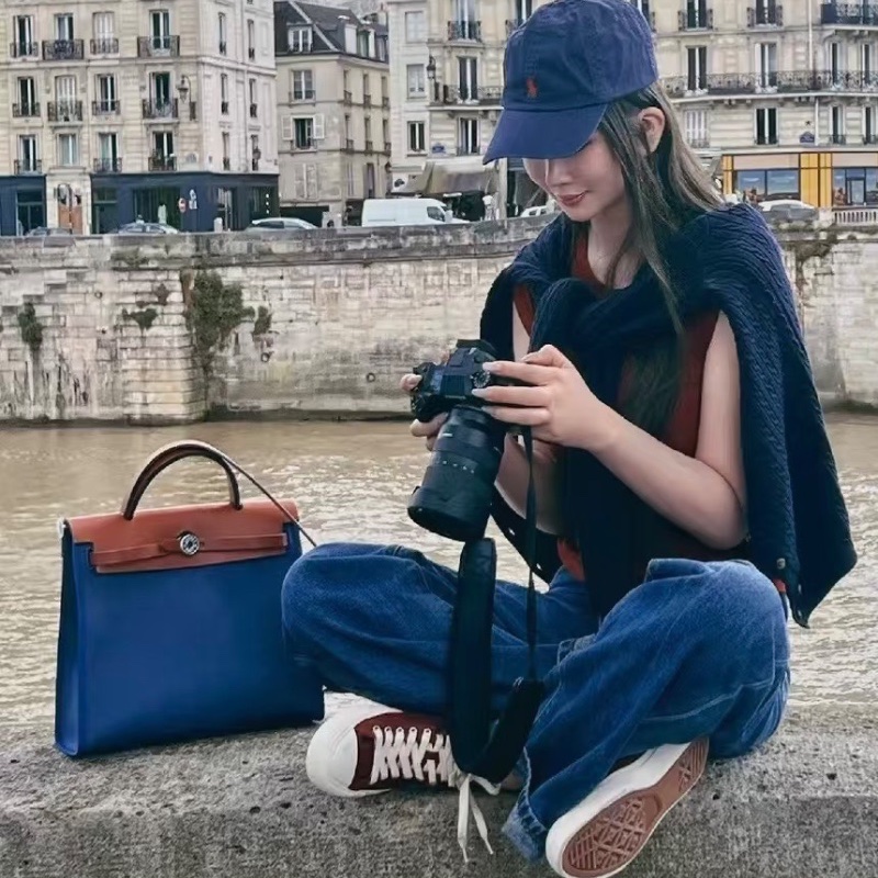 HERMES 帆布拼皮銀扣 herbag31子母手提斜背包31*25*11 98新配件鑰匙鎖塵袋-0