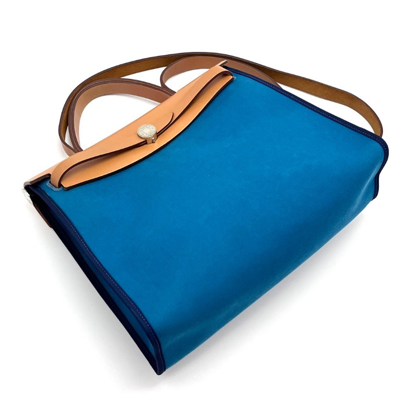 HERMES 帆布拼皮銀扣 herbag31子母手提斜背包31*25*11 98新配件鑰匙鎖塵袋-5