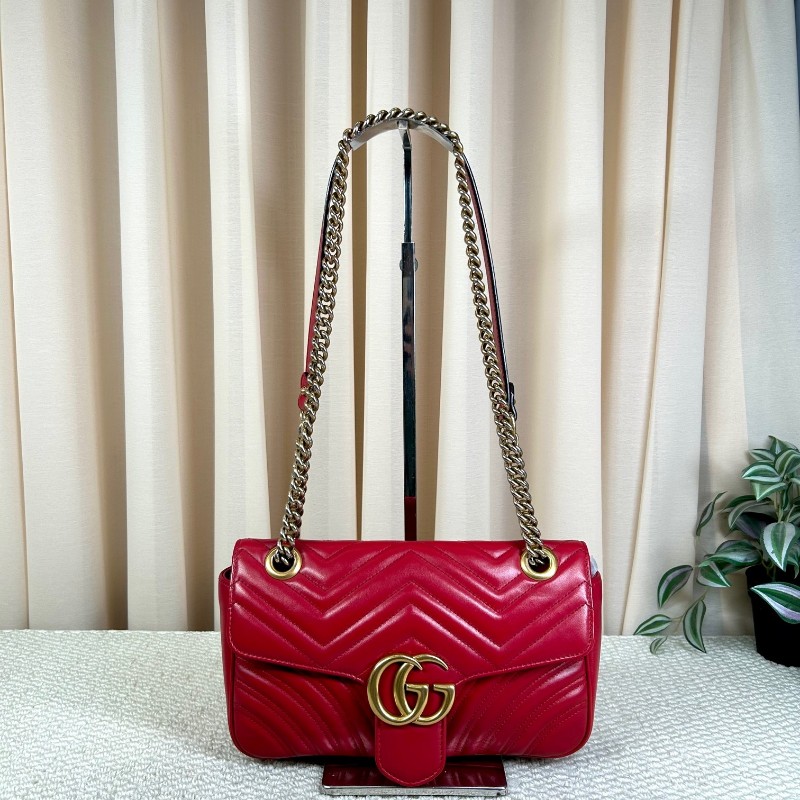 古驰Gucci Marmont系列马蒙26 红色金色复古双G徽标心形压印 皮革 链条翻盖包 单肩包斜挎包 百搭经典 时尚宠儿-0