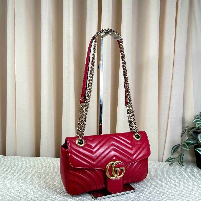 古驰Gucci Marmont系列马蒙26 红色金色复古双G徽标心形压印 皮革 链条翻盖包 单肩包斜挎包 百搭经典 时尚宠儿-3