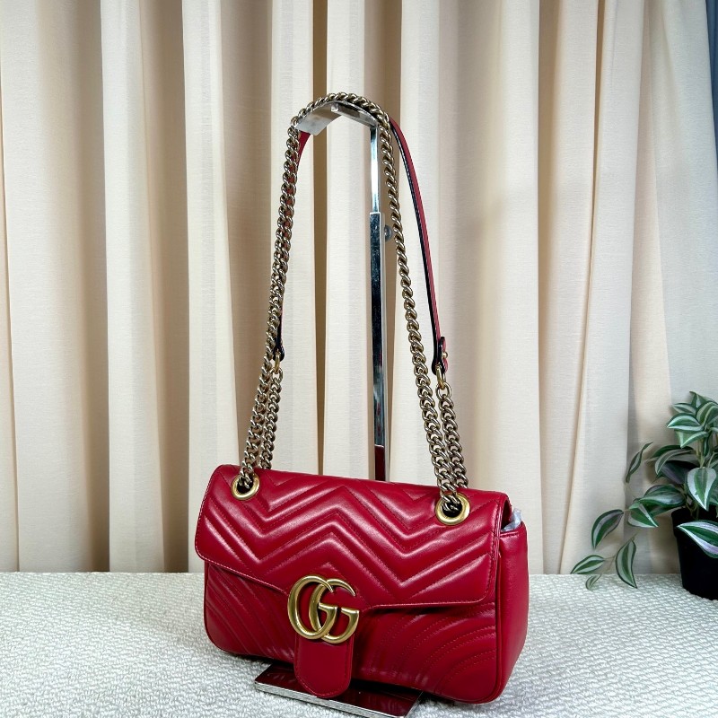 古驰Gucci Marmont系列马蒙26 红色金色复古双G徽标心形压印 皮革 链条翻盖包 单肩包斜挎包 百搭经典 时尚宠儿-4
