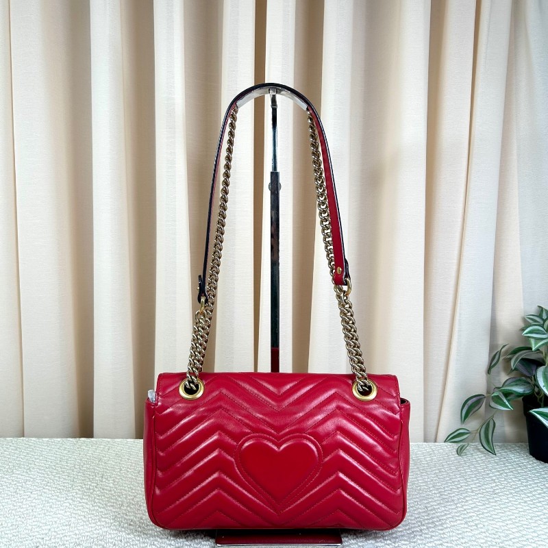 古驰Gucci Marmont系列马蒙26 红色金色复古双G徽标心形压印 皮革 链条翻盖包 单肩包斜挎包 百搭经典 时尚宠儿-6