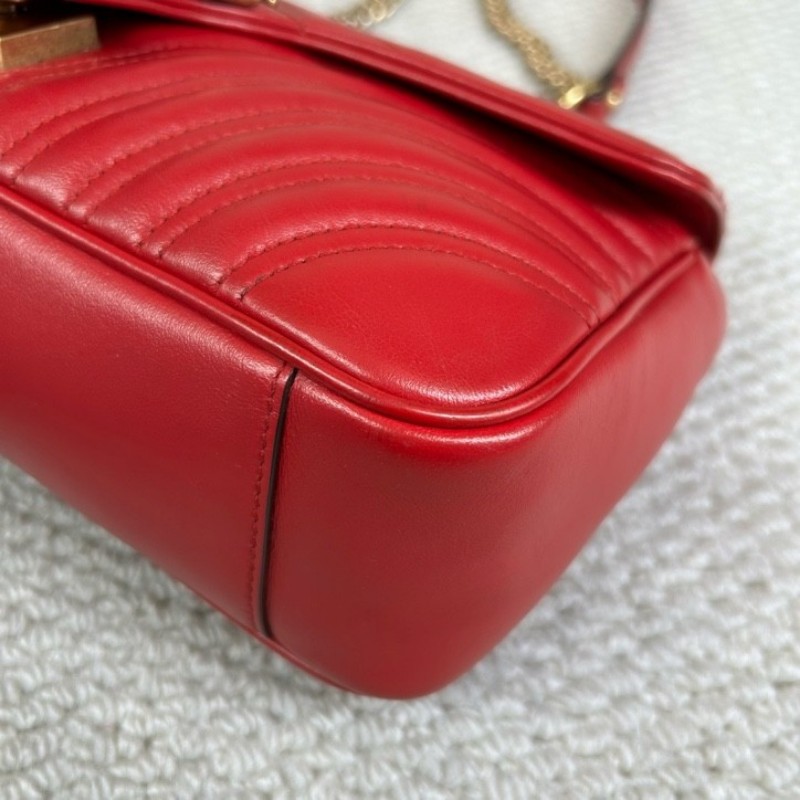 古驰Gucci Marmont系列马蒙26 红色金色复古双G徽标心形压印 皮革 链条翻盖包 单肩包斜挎包 百搭经典 时尚宠儿-8