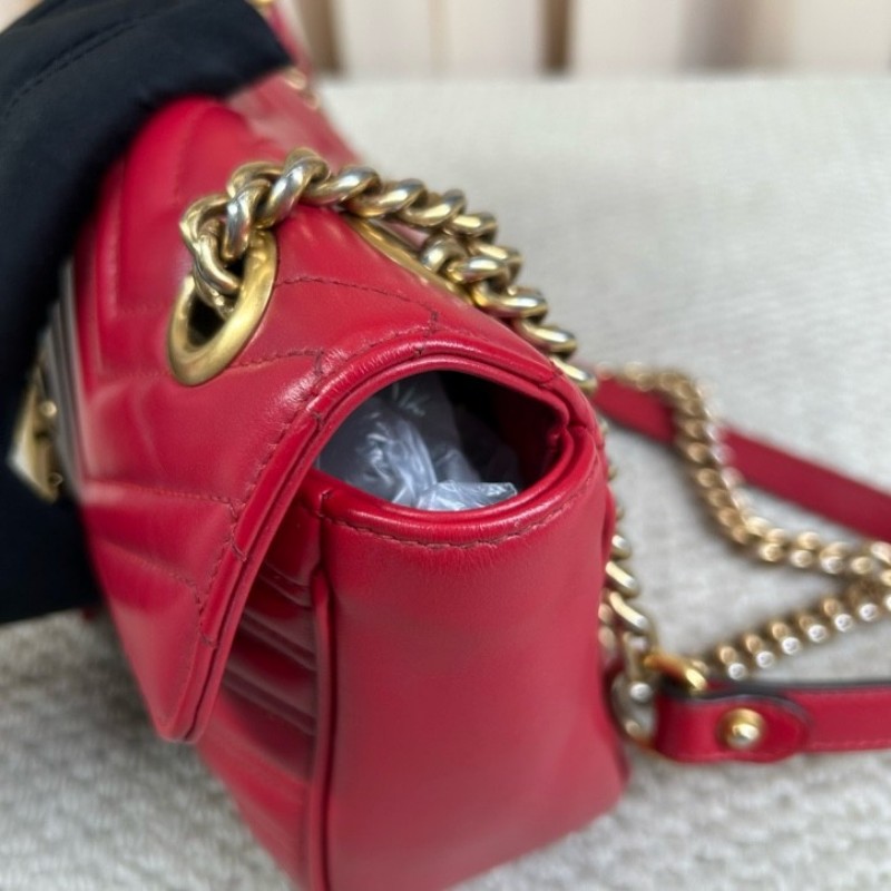 古驰Gucci Marmont系列马蒙26 红色金色复古双G徽标心形压印 皮革 链条翻盖包 单肩包斜挎包 百搭经典 时尚宠儿-20