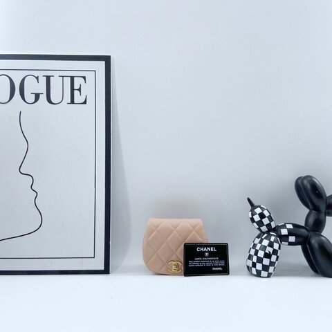 【CHANEL】香奈兒 Calfskin Chain Shoulder 米色 金扣 南瓜鏈條包迷你 11x4x9 正品（二手）M0504