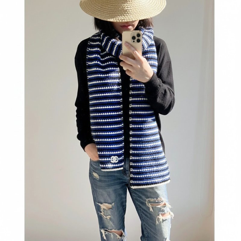 CHANEL 寶藍三色粗針織羊絨圍巾 cashmere-0