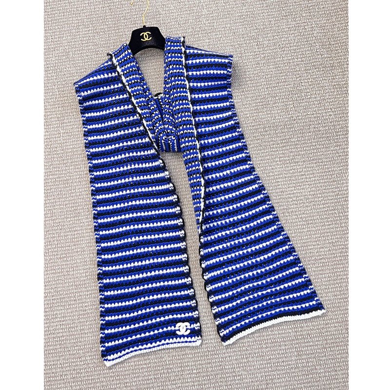 CHANEL 寶藍三色粗針織羊絨圍巾 cashmere-2