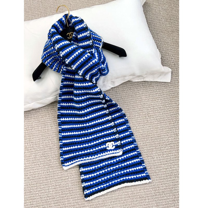 CHANEL 寶藍三色粗針織羊絨圍巾 cashmere-3