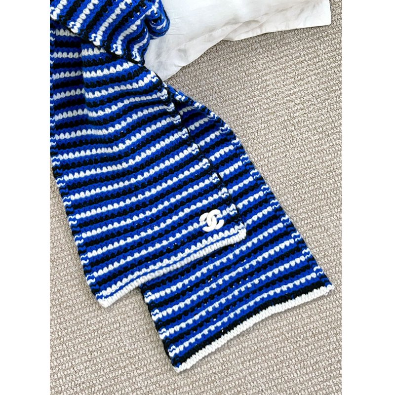 CHANEL 寶藍三色粗針織羊絨圍巾 cashmere-4