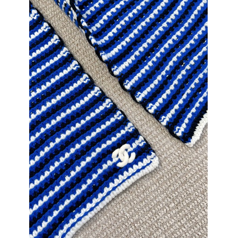 CHANEL 寶藍三色粗針織羊絨圍巾 cashmere-5