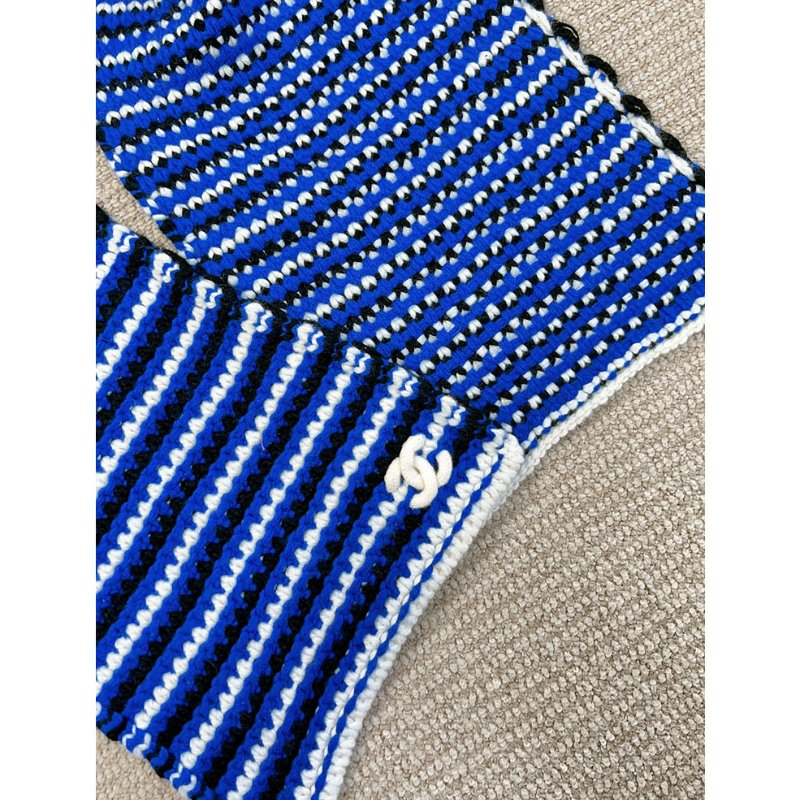 CHANEL 寶藍三色粗針織羊絨圍巾 cashmere-6
