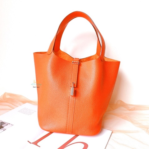 Hermes 愛馬仕 Picotin 26  P26 橘色 x 銀釦 菜籃子 手提包 (原廠釘膜全在)
