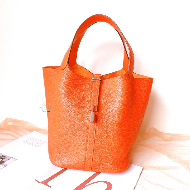 Hermes 愛馬仕 Picotin 26  P26 橘色 x 銀釦 菜籃子 手提包 (原廠釘膜全在)-0