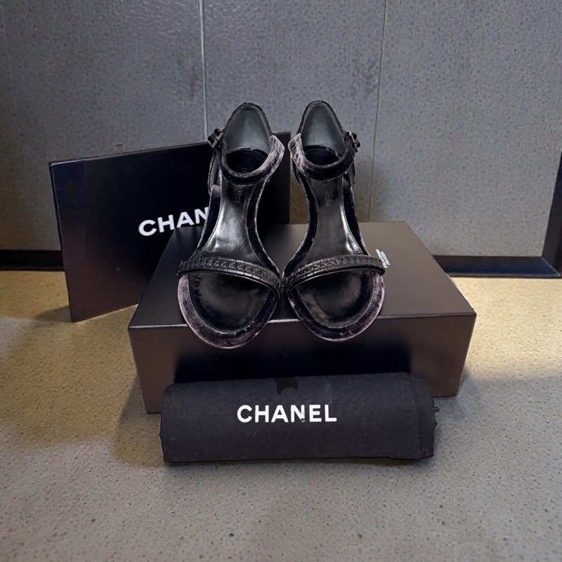 🍒 Chanel Vintage珠寶級鑲鑽雙C絲絨涼鞋 2F260127-1-0