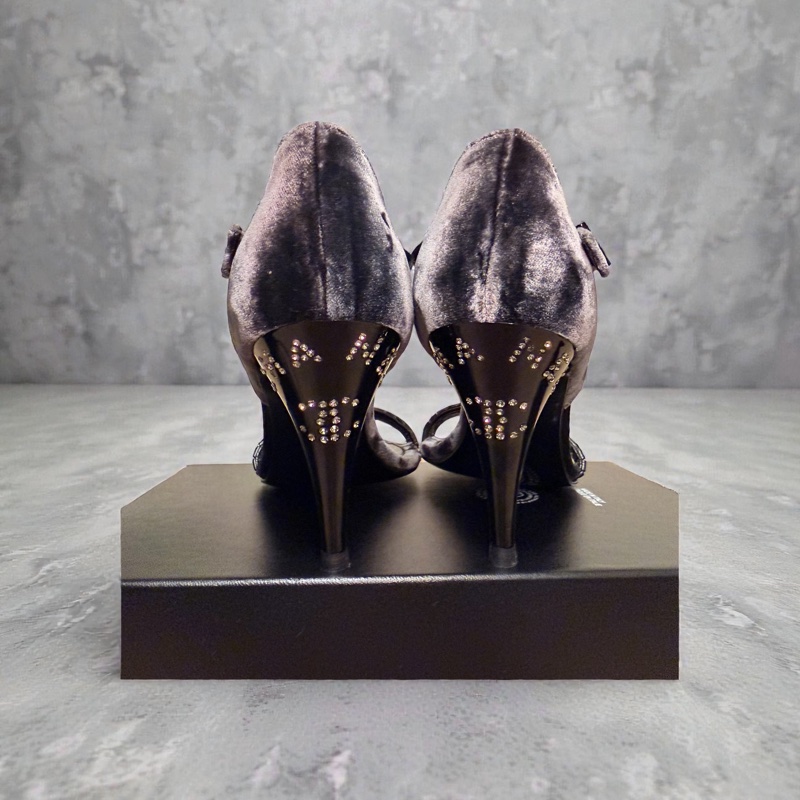 🍒 Chanel Vintage珠寶級鑲鑽雙C絲絨涼鞋 2F260127-1-4