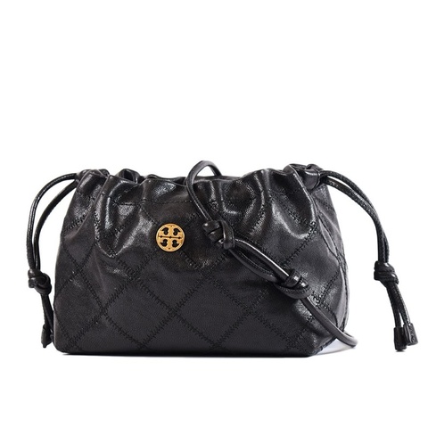 TORY BURCH WILLA 菱格紋束口磁釦肩背/斜背雲朵包-黑色/小