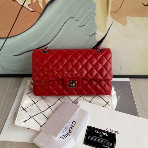 Chanel CF 紅色銀扣 羊皮斜挎單肩包