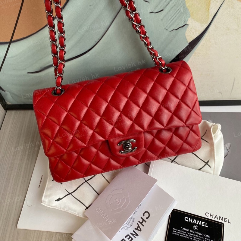 Chanel CF 紅色銀扣 羊皮斜挎單肩包-2