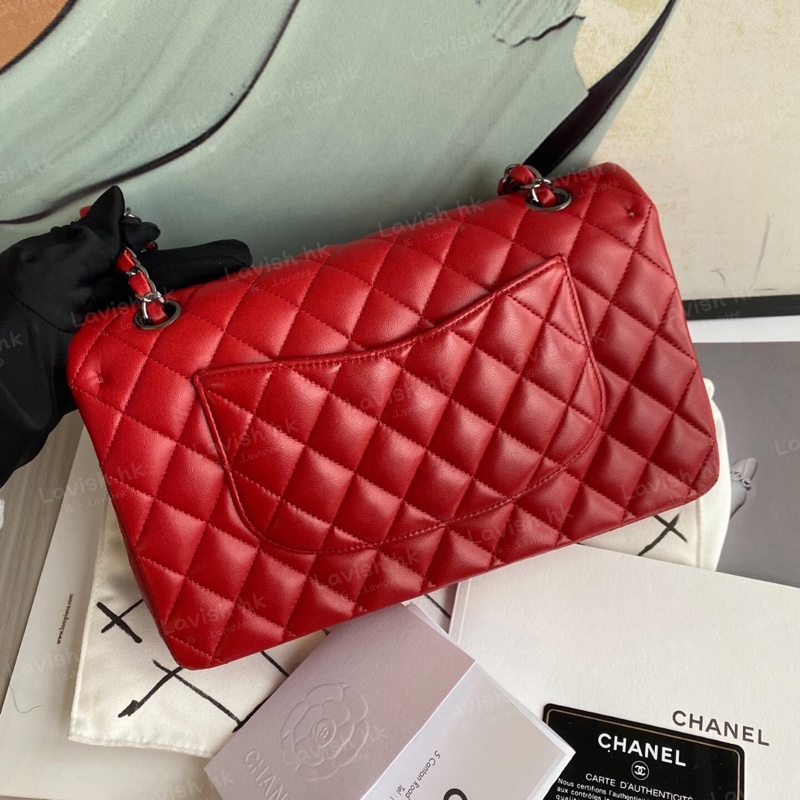 Chanel CF 紅色銀扣 羊皮斜挎單肩包-3