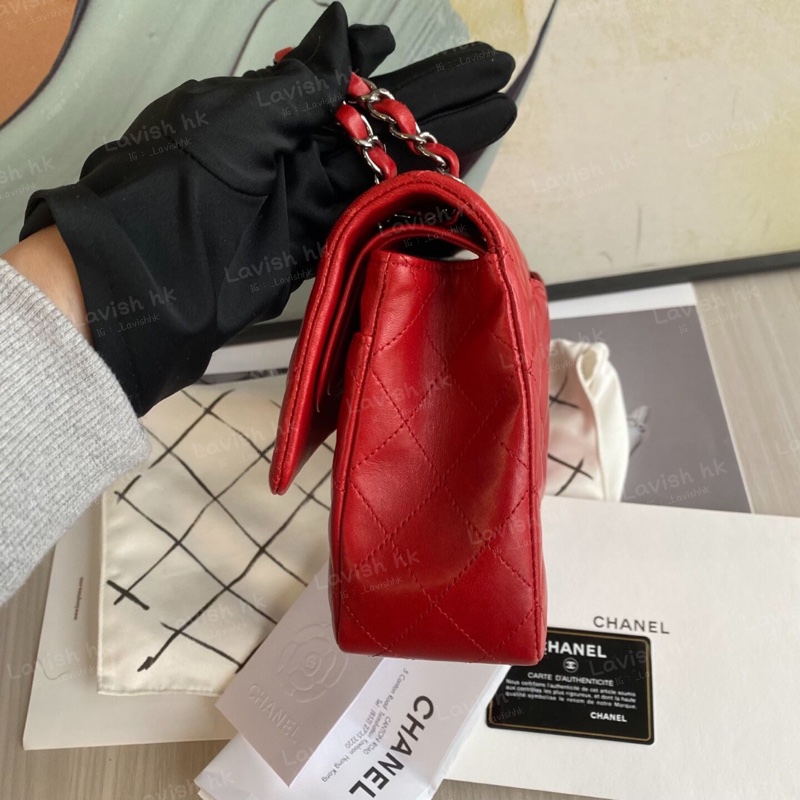 Chanel CF 紅色銀扣 羊皮斜挎單肩包-4