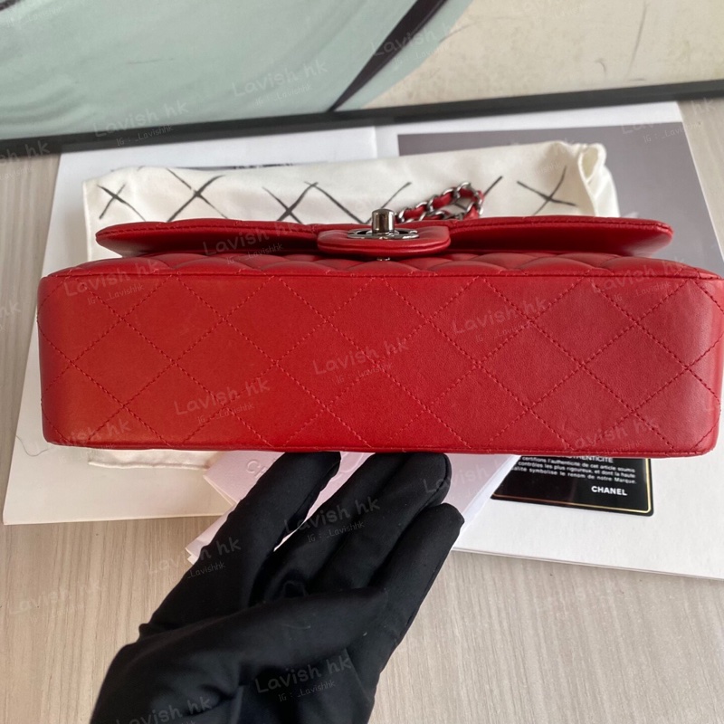 Chanel CF 紅色銀扣 羊皮斜挎單肩包-5