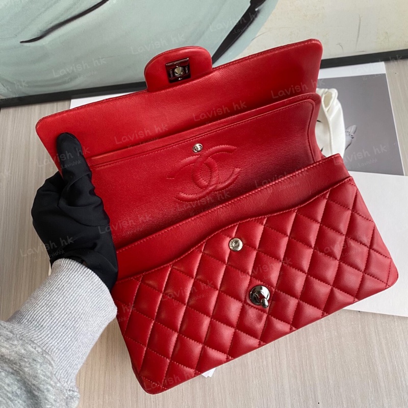 Chanel CF 紅色銀扣 羊皮斜挎單肩包-6