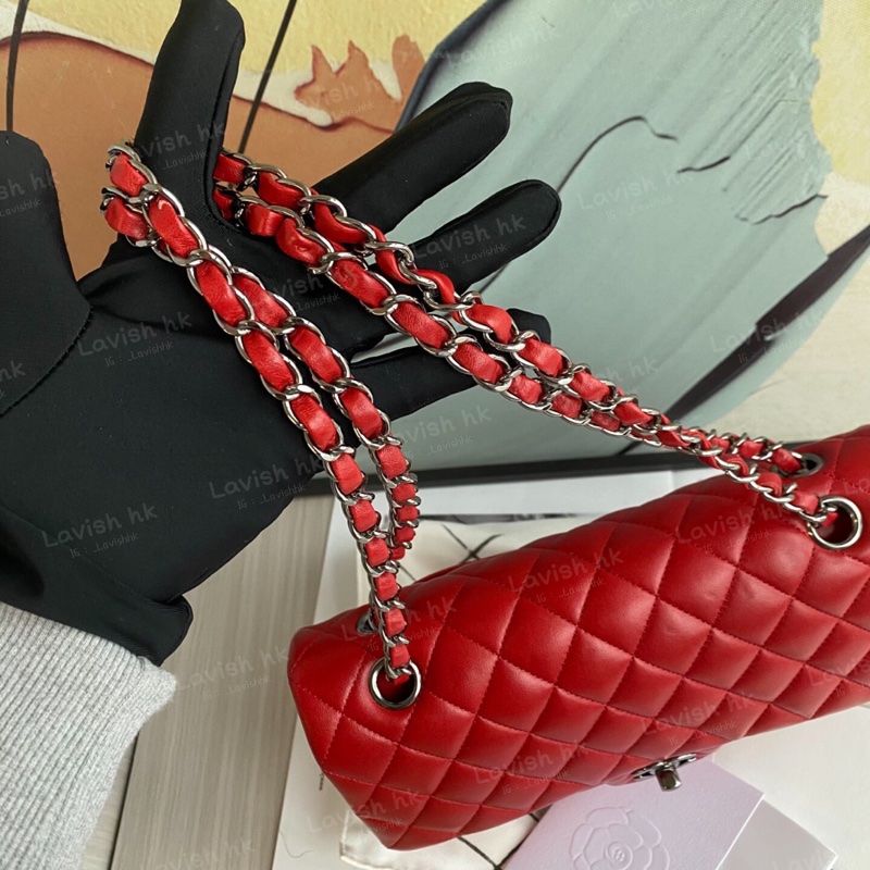 Chanel CF 紅色銀扣 羊皮斜挎單肩包-8