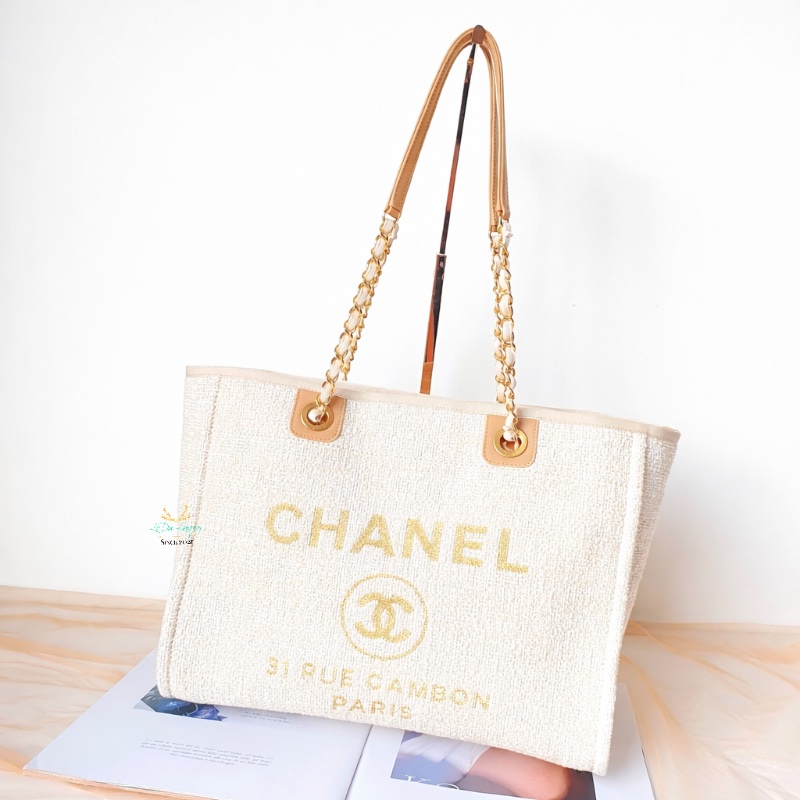 CHANEL 香奈兒 米白色 x 金釦 小號 沙灘包 托特包 雙肩包-0