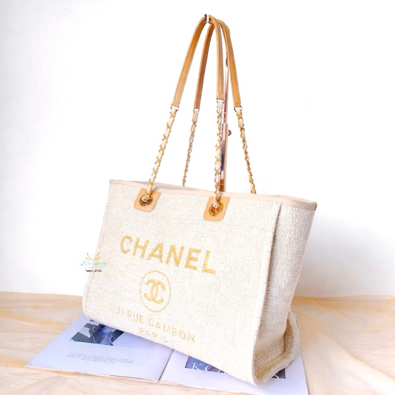 CHANEL 香奈兒 米白色 x 金釦 小號 沙灘包 托特包 雙肩包-1