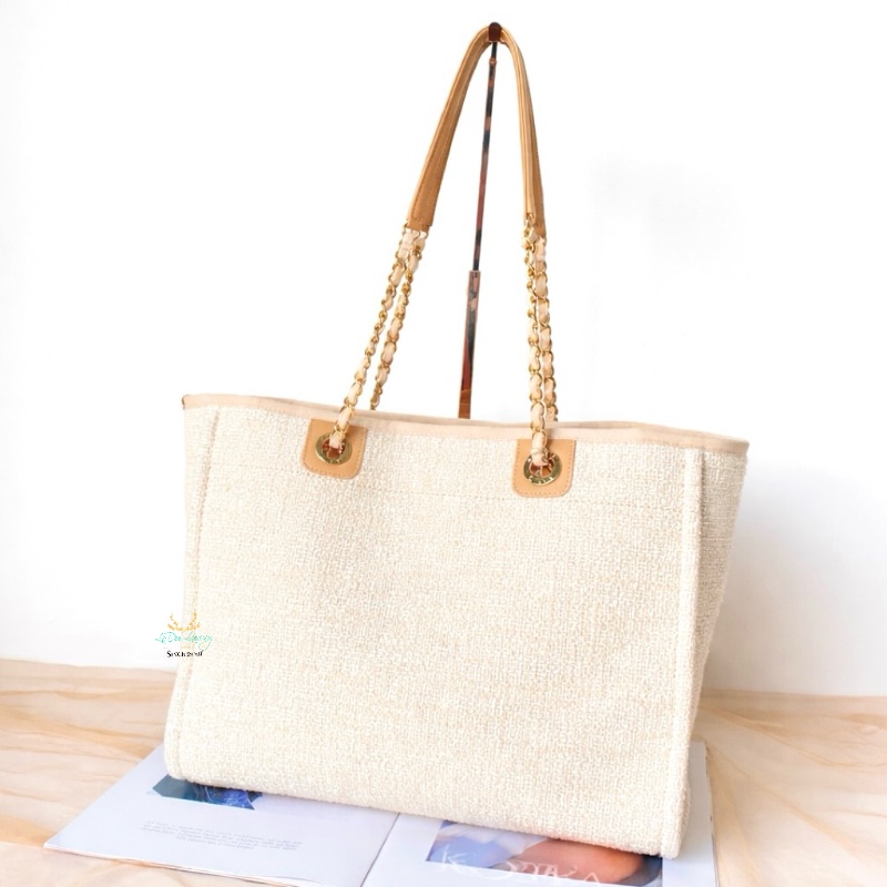 CHANEL 香奈兒 米白色 x 金釦 小號 沙灘包 托特包 雙肩包-2