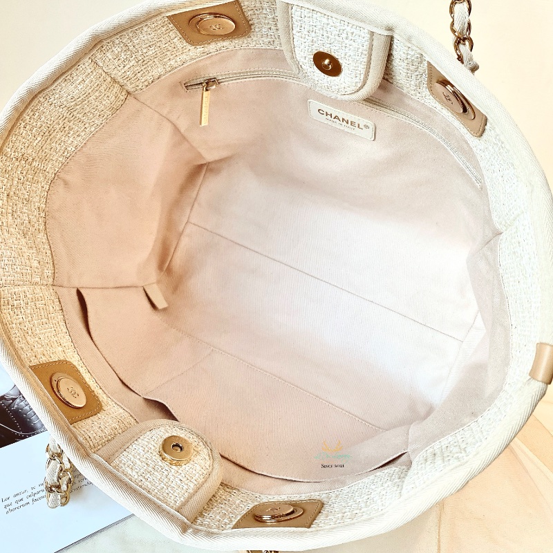 CHANEL 香奈兒 米白色 x 金釦 小號 沙灘包 托特包 雙肩包-5