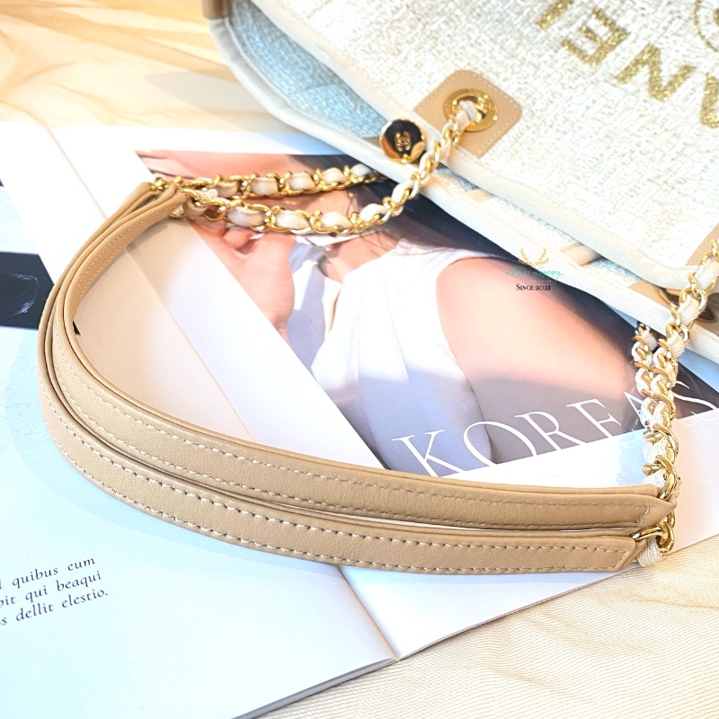 CHANEL 香奈兒 米白色 x 金釦 小號 沙灘包 托特包 雙肩包-10