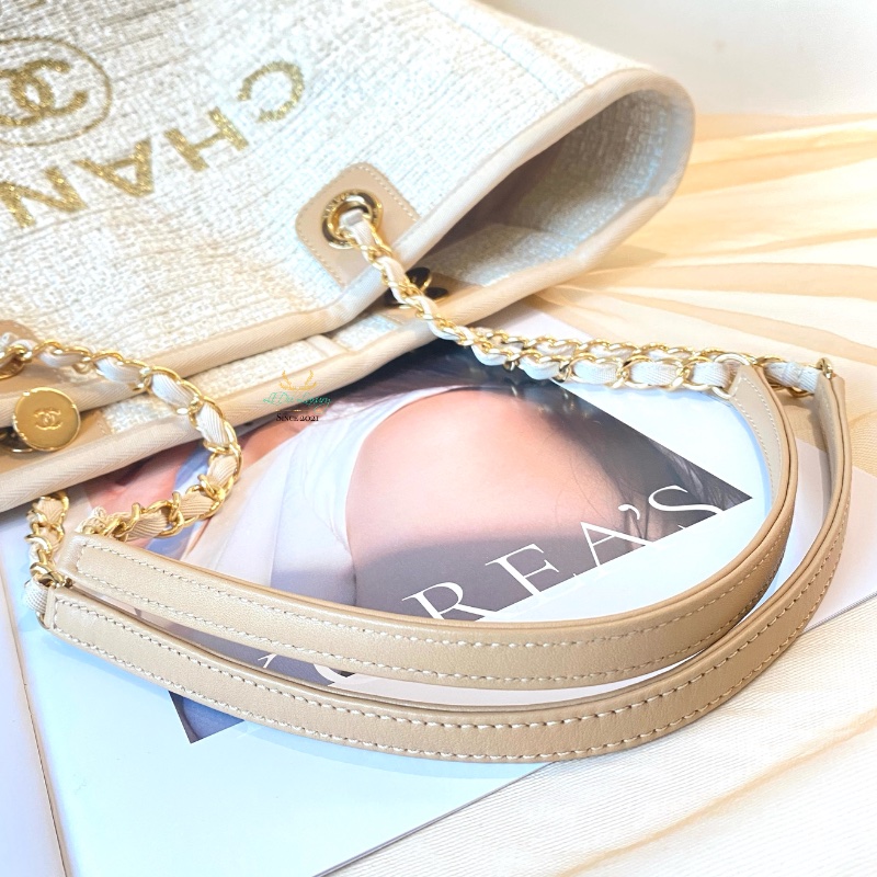 CHANEL 香奈兒 米白色 x 金釦 小號 沙灘包 托特包 雙肩包-11