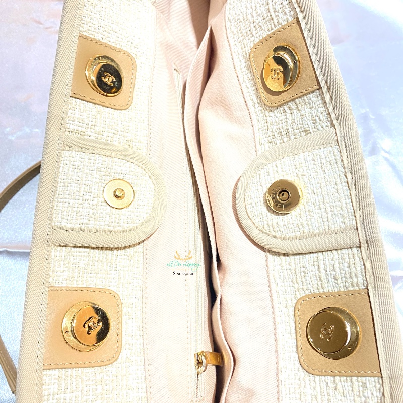 CHANEL 香奈兒 米白色 x 金釦 小號 沙灘包 托特包 雙肩包-12