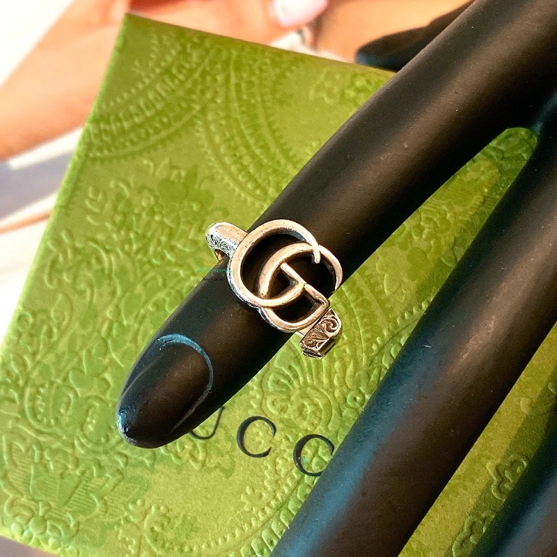 GUCCI 銀色 仿舊 復古銀 雙G 雕花 戒指 戒圍 14號-0