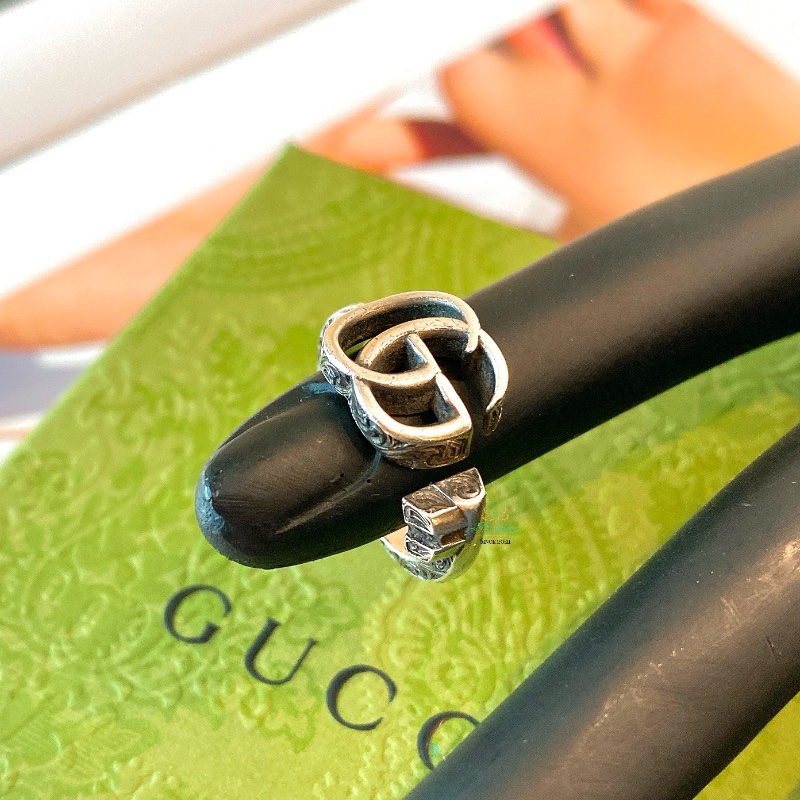 GUCCI 銀色 仿舊 復古銀 雙G 雕花 戒指 戒圍 14號-1