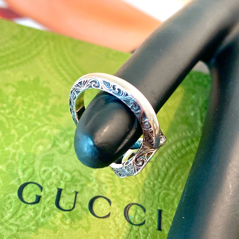 GUCCI 銀色 仿舊 復古銀 雙G 雕花 戒指 戒圍 14號-2