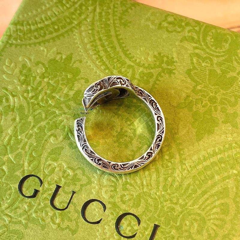 GUCCI 銀色 仿舊 復古銀 雙G 雕花 戒指 戒圍 14號-3
